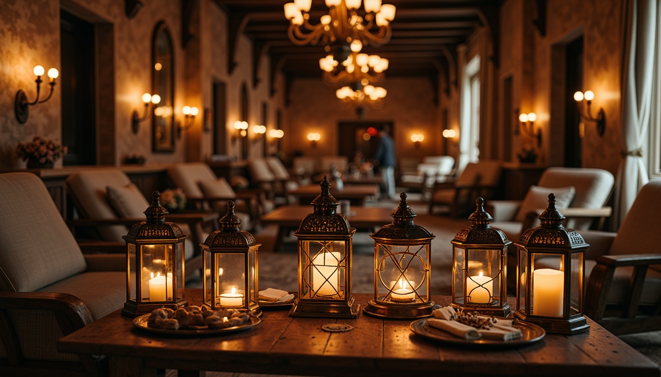 Prompt: Warm lanterns, ornate metalwork, rustic wooden accents, vintage-inspired lighting fixtures, soft warm glow, ambient illumination, cozy atmosphere, traditional architectural details, classic furnishings, rich wood tones, elegant chandeliers, subtle candlelight, inviting ambiance, creamy whites, earthy browns, soft beige hues, delicate patterns, refined ornaments, luxurious textiles, opulent drapery.