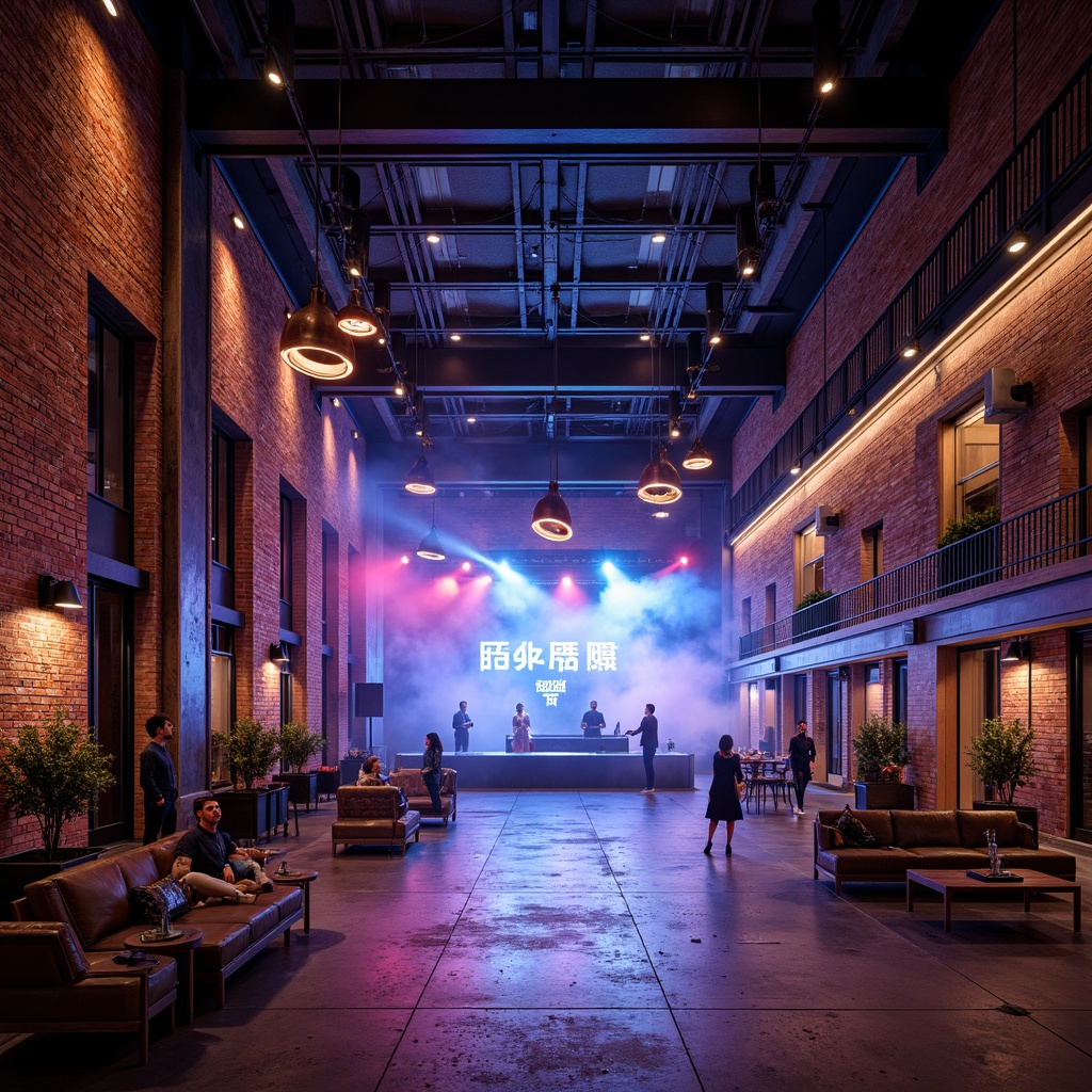 Prompt: Elegant music venue, exposed brick walls, polished concrete floors, industrial metal beams, suspended stage lighting, dynamic LED installations, vibrant color-changing lights, high-ceilinged open space, rustic wooden accents, vintage decorative elements, urban cityscape views, fog machines, strobe lights, concert-style seating, elevated DJ booths, metallic catwalks, distressed leather furniture, edgy modern architecture, dramatic spotlights, shallow depth of field, 1/1 composition, cinematic lighting effects.