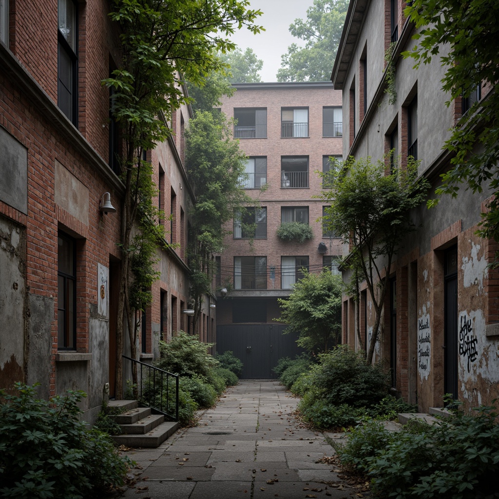 Prompt: Distressed urban walls, exposed brick textures, peeling paint, rusty metal accents, crumbling stone facades, ivy-covered surfaces, vintage graffiti, worn wooden planks, weathered concrete finishes, industrial chic aesthetic, high-contrast lighting, dramatic shadows, atmospheric fog, cinematic composition, shallow depth of field, realistic material responses.