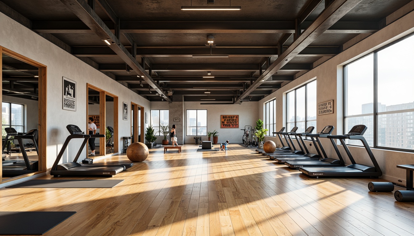 Prompt: Minimalist home gym, mirrored walls, polished wooden floors, professional exercise equipment, free weights, treadmills, yoga mats, motivational quotes, natural light, floor-to-ceiling windows, urban view, modern interior design, industrial chic decor, reclaimed wood accents, steel beams, exposed ductwork, bright color scheme, high ceilings, spacious atmosphere, shallow depth of field, 1/1 composition, realistic textures, ambient occlusion.