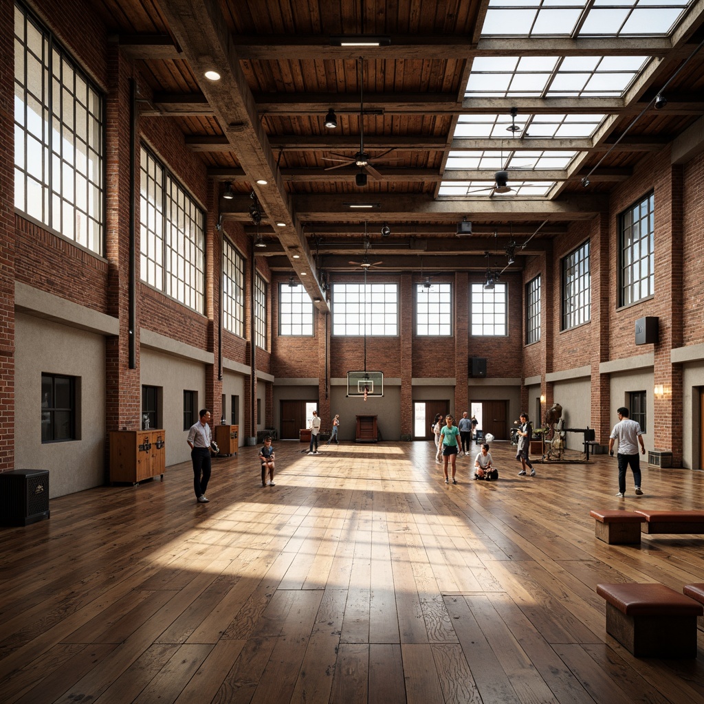 Prompt: Rustic gymnasium, reclaimed wooden floors, exposed brick walls, industrial metal beams, vintage athletic equipment, distressed leather benches, natural stone accents, earthy color palette, abundant natural light, clerestory windows, high ceilings, open spaces, dynamic spatial flow, modern minimalist decor, suspended track lighting, warm ambient glow, shallow depth of field, 1/1 composition, realistic textures, subtle ambient occlusion.