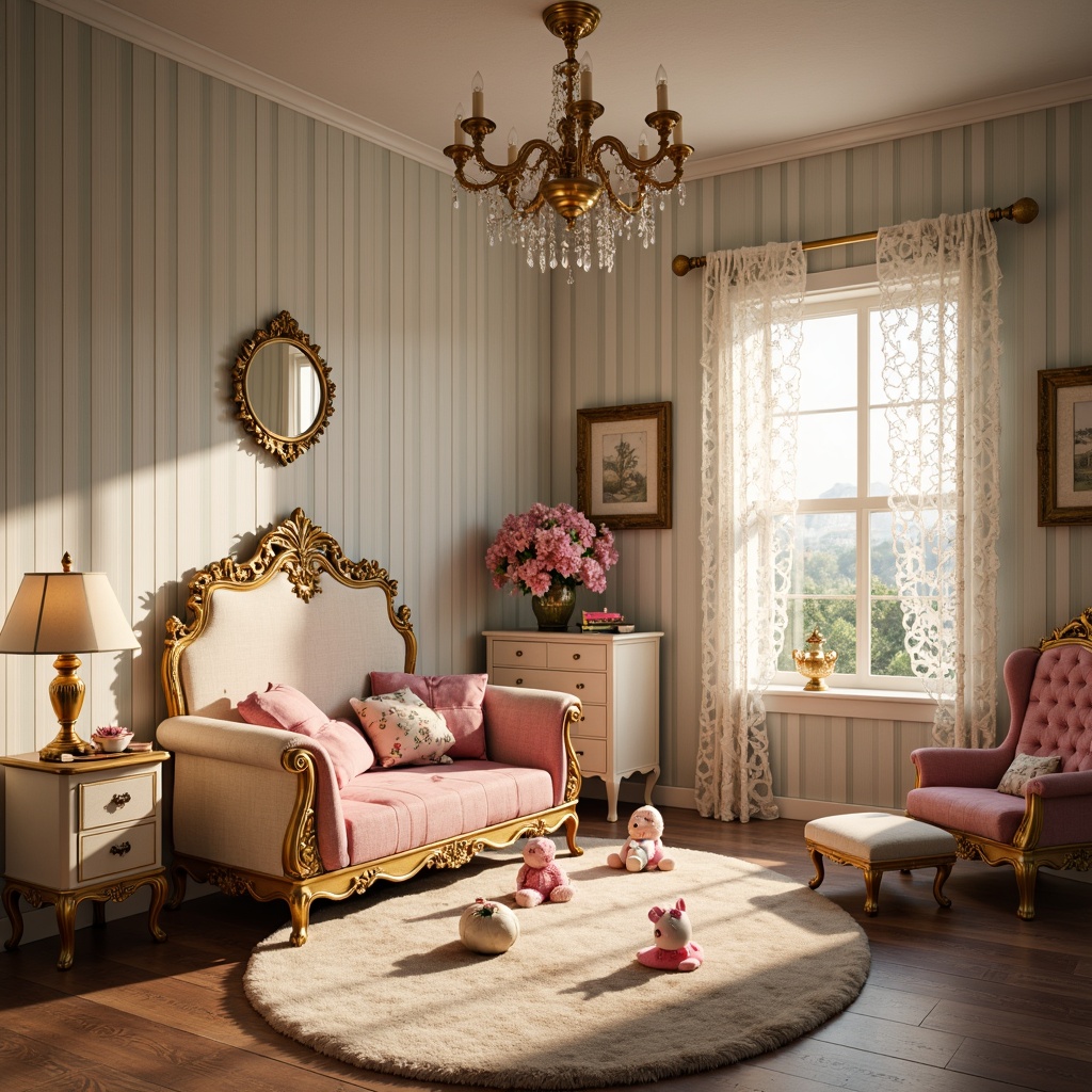 Prompt: Whimsical kids' room, Rococo style furniture, soft pastel colors, ornate carvings, golden accents, crystal chandeliers, warm candlelight, delicate lace curtains, fluffy area rugs, plush toys, gentle morning sunlight, crepuscular rays, subtle shadows, 1/2 composition, dramatic spotlighting, vivid textures, intricate patterns.