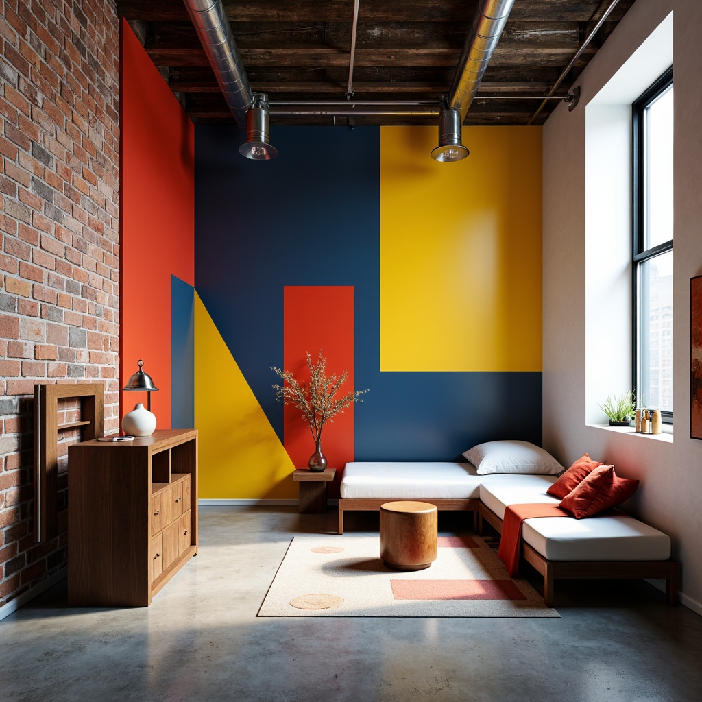 Prompt: Vibrant dorm rooms, bold color blocking, geometric shapes, industrial materials, exposed brick walls, steel beams, polished concrete floors, minimalist decor, functional furniture, primary color accents, bright yellow, deep blue, fiery red, stark white, graphic patterns, angular lines, abstract art pieces, modernist sculptures, sleek metal lamps, industrial-style lighting fixtures, urban loft atmosphere, dramatic shadows, high contrast ratios, 1/1 composition, sharp focus, realistic textures.