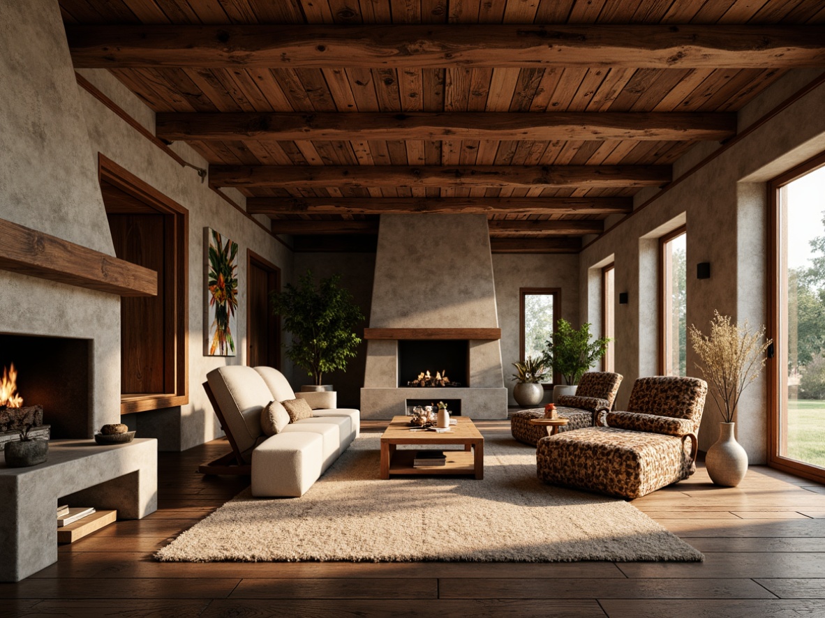 Prompt: Rustic wooden accents, earthy color palette, natural stone walls, vintage furniture pieces, woven textiles, distressed finishes, reclaimed wood floors, cozy fireplaces, plush area rugs, warm ambient lighting, soft shadows, 1/1 composition, intimate atmosphere, realistic wood grains, subtle texture details, traditional architectural elements.