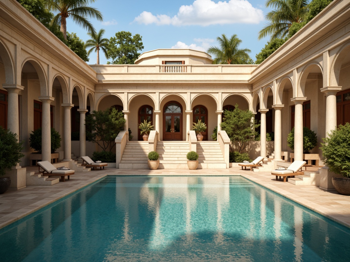 Prompt: Ornate pool, neoclassical architecture, symmetrical composition, majestic columns, carved stone details, gentle water ripples, soft warm lighting, subtle shadows, golden hour ambiance, warm beige tones, marble flooring, elegant staircases, lush greenery, tropical plants, serene atmosphere, shallow depth of field, 1/2 composition, realistic reflections, ambient occlusion.