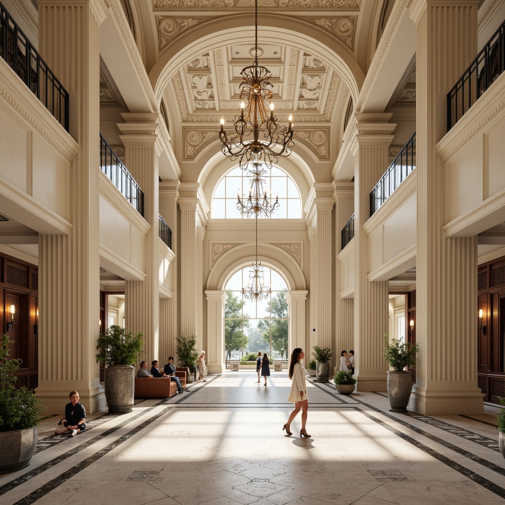 Prompt: Ornate community center, neoclassical architecture, grand entrance, fluted columns, intricate moldings, ornamental facades, symmetrical composition, creamy white marble, polished granite floors, rich wood accents, elegant chandeliers, subtle warm lighting, shallow depth of field, 1/2 composition, realistic textures, ambient occlusion.