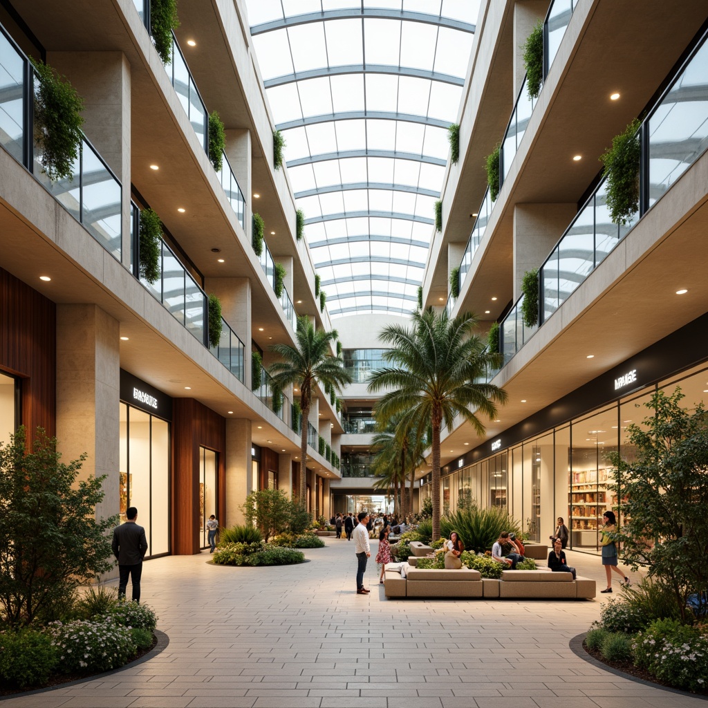 Prompt: \Spacious shopping mall, high ceilings, clerestory windows, natural stone floors, minimalist decor, abundant greenery, vibrant flowers, open atriums, skylights, LED lighting accents, warm beige tones, soft diffused light, shallow depth of field, 3/4 composition, panoramic view, realistic textures, ambient occlusion.\