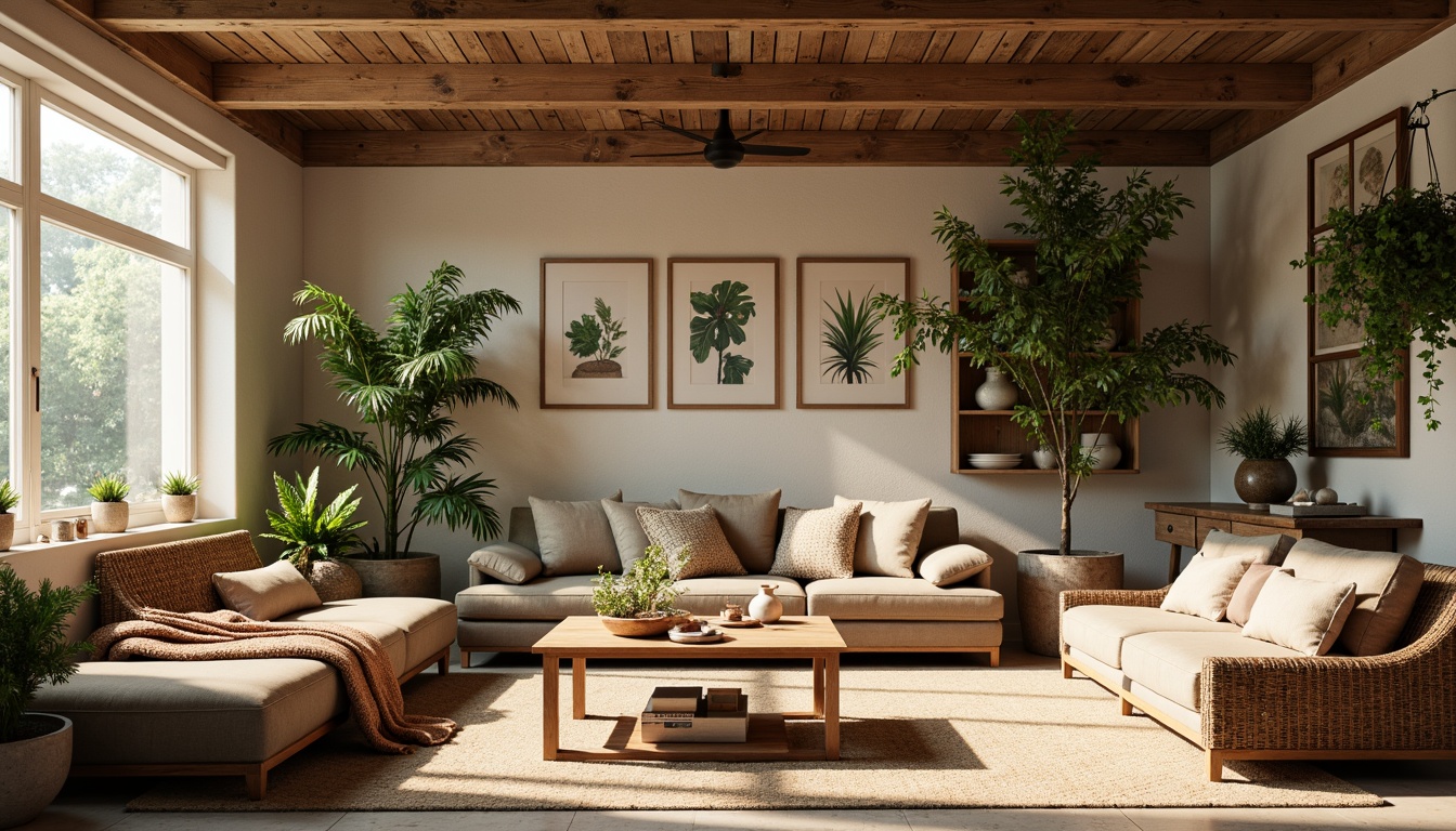 Prompt: Earth-toned living room, organic shapes, natural textures, reclaimed wood accents, botanical prints, potted greenery, hanging vines, woven rattan furniture, earthy ceramics, soft warm lighting, shallow depth of field, 3/4 composition, panoramic view, realistic materials, ambient occlusion.