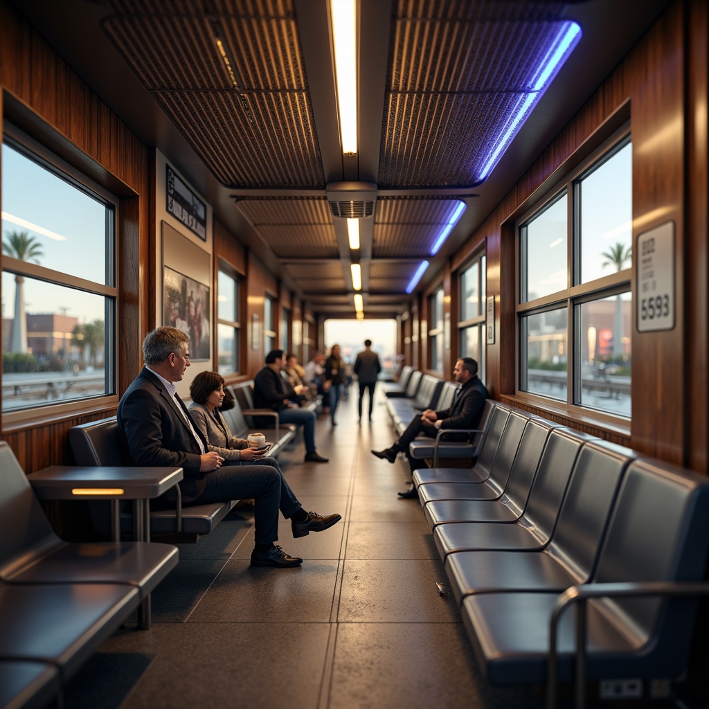 Prompt: Modern train station, sleek metal benches, vibrant LED lighting, comfortable cushioned seating, wooden accents, ergonomic design, ample legroom, USB charging ports, futuristic ambiance, urban landscape, busy commuters, rushing crowds, soft warm lighting, shallow depth of field, 3/4 composition, panoramic view, realistic textures, ambient occlusion.