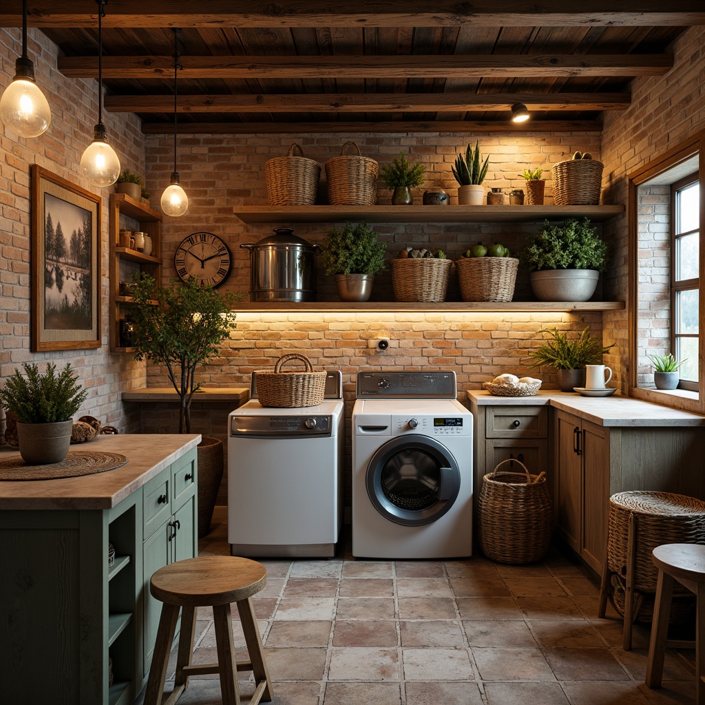 Prompt: Vintage laundry room, rustic wooden cabinets, distressed metal appliances, woven wicker baskets, natural stone countertops, earthy color palette, soft warm lighting, industrial-style metal shelves, reclaimed wood accents, decorative brick walls, farmhouse-inspired decor, cozy intimate atmosphere, shallow depth of field, 1/2 composition, realistic textures, ambient occlusion.