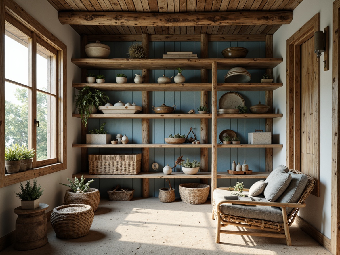 Prompt: Coastal storage room, distressed wood shelving, weathered driftwood accents, ocean-blue walls, sandy beige floors, natural woven baskets, nautical rope details, vintage marine artifacts, soft warm lighting, shallow depth of field, 1/1 composition, realistic textures, ambient occlusion.