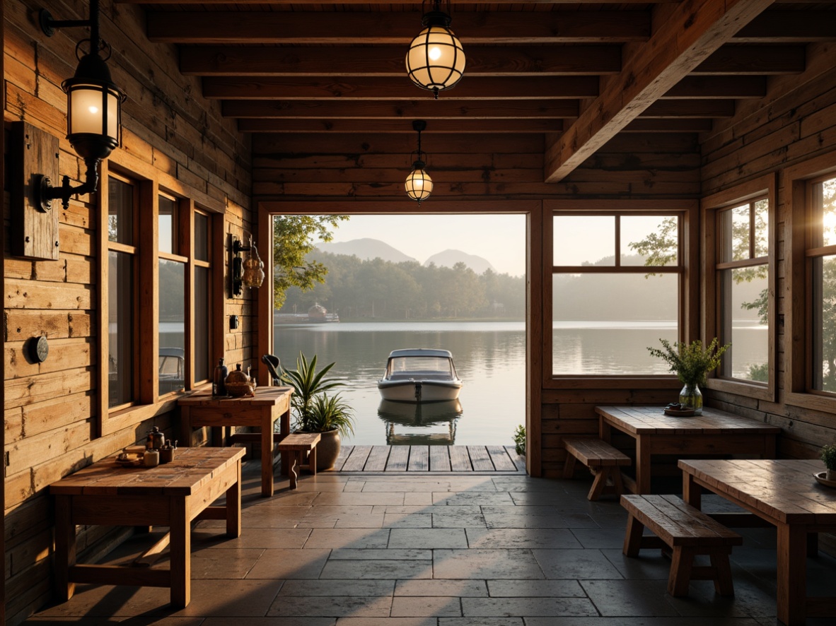 Prompt: Rustic boathouse, warm wooden accents, soft glow lighting, nautical themed decor, vintage marine fixtures, lantern-style pendant lights, distressed wood textures, weathered metal details, natural stone foundations, serene waterfront views, calm lake reflections, misty morning atmosphere, golden hour lighting, shallow depth of field, 1/1 composition, realistic water effects, ambient occlusion.