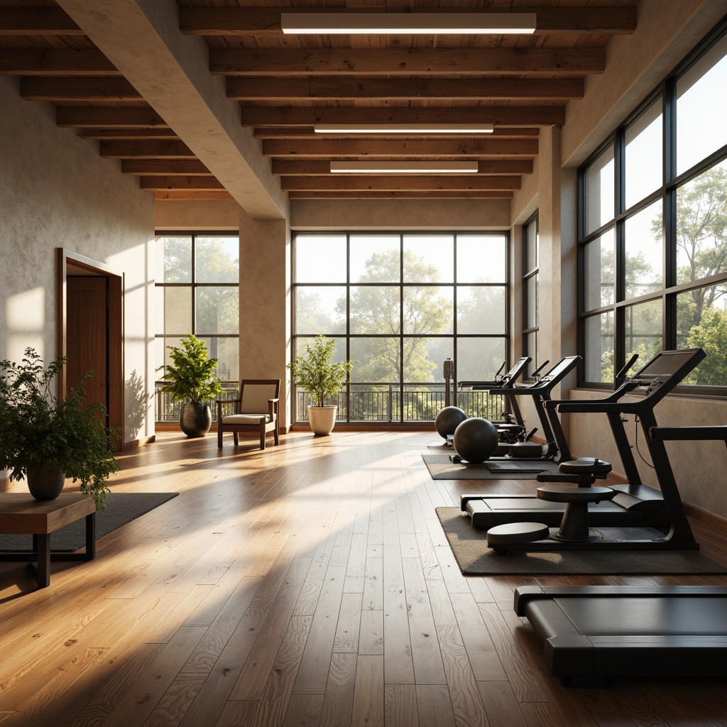 Prompt: Spacious home gym, large windows, natural light pouring in, sleek modern equipment, wooden floors, mirrored walls, minimal decor, calm atmosphere, soft warm lighting, shallow depth of field, 3/4 composition, panoramic view, realistic textures, ambient occlusion.