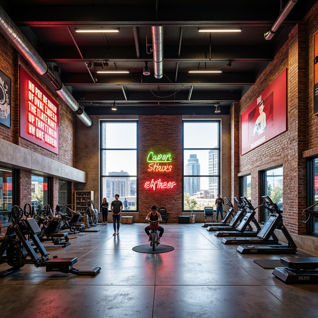 Prompt: Modern fitness center, industrial-style interior, exposed brick walls, polished concrete floors, metallic equipment, neon-colored accents, motivational quotes, floor-to-ceiling windows, natural light, urban cityscape views, rustic wooden beams, reclaimed wood accent walls, distressed metal columns, vibrant color schemes, dynamic lighting, shallow depth of field, 1/1 composition, realistic textures, ambient occlusion.