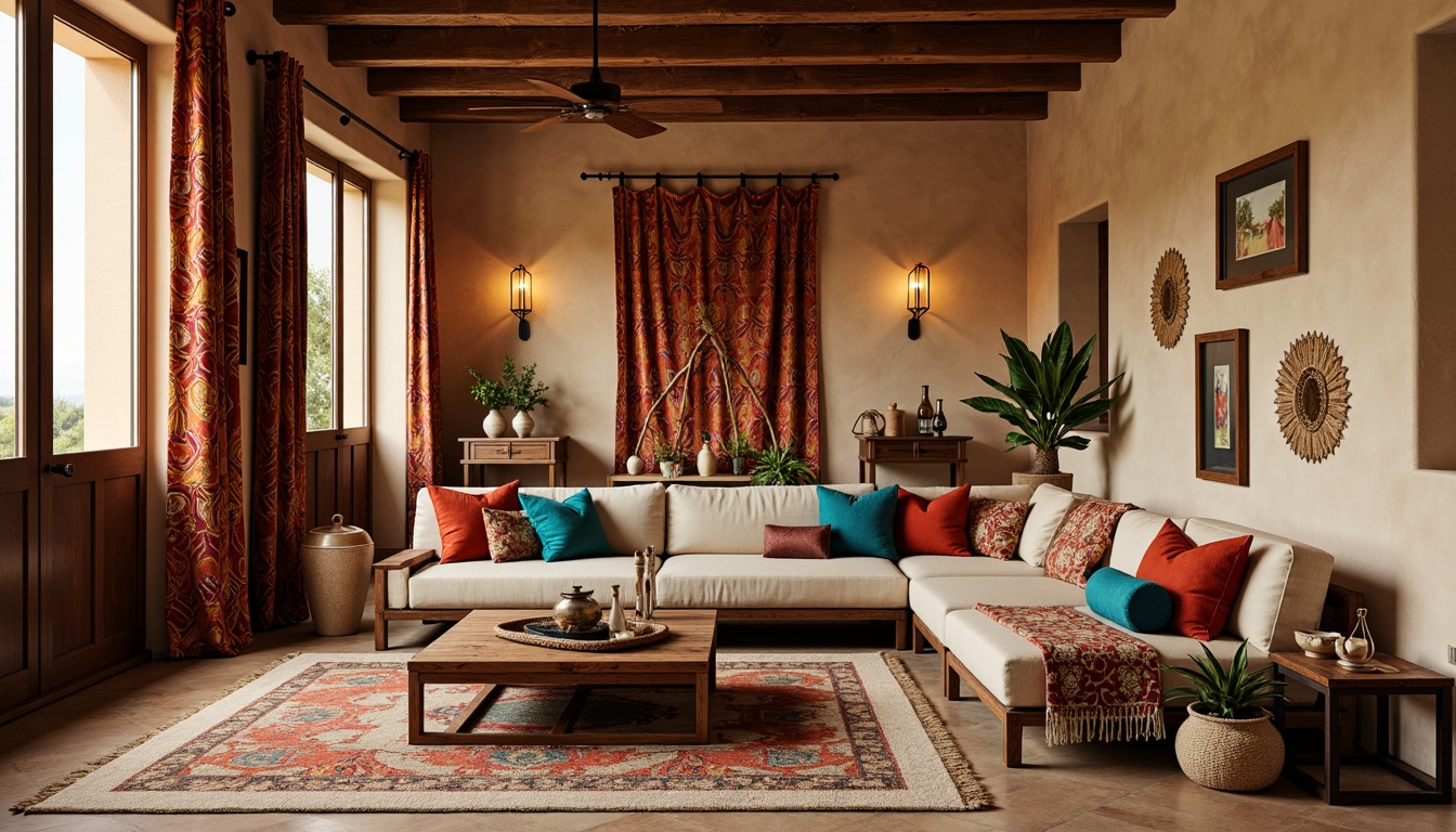 Prompt: Vibrant southwestern patterned fabrics, rustic woven baskets, earthy tone ceramics, adobe-inspired architecture, warm beige stucco walls, turquoise accents, natural fiber rugs, plush throw blankets, geometric aztec prints, rich velvet pillows, distressed wood furniture, candlelit ambiance, warm golden lighting, shallow depth of field, 3/4 composition, panoramic view, realistic textures, ambient occlusion.