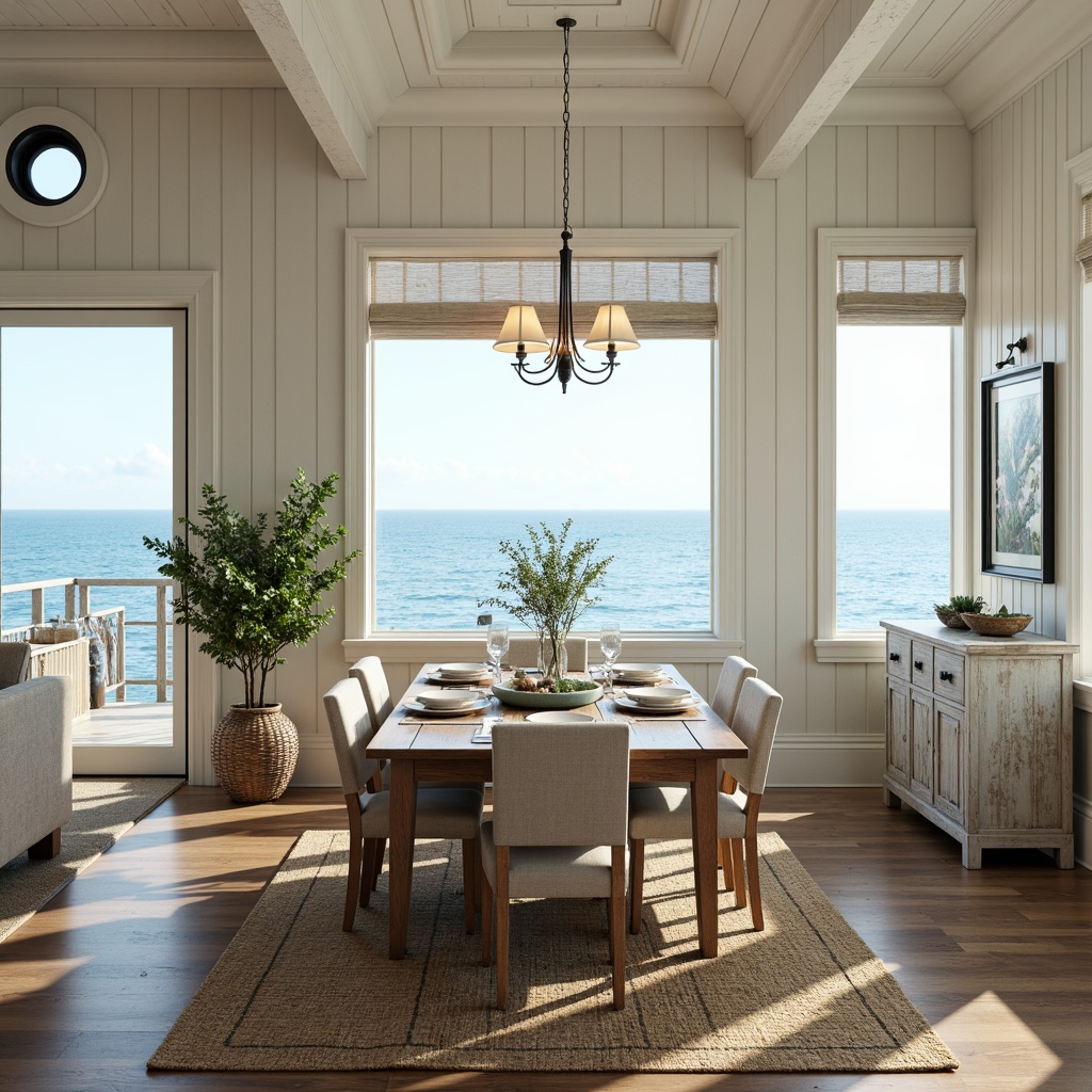 Prompt: Coastal style dining room, calming ocean views, driftwood accents, weathered wood furniture, linen upholstery, natural jute rugs, coral-inspired color palette, soft blues, creamy whites, warm sandy neutrals, seafoam greens, distressed finishes, vintage nautical decor, porthole windows, rustic metal lighting, relaxed ambiance, abundant natural light, shallow depth of field, 1/2 composition, realistic textures, subtle ambient occlusion.