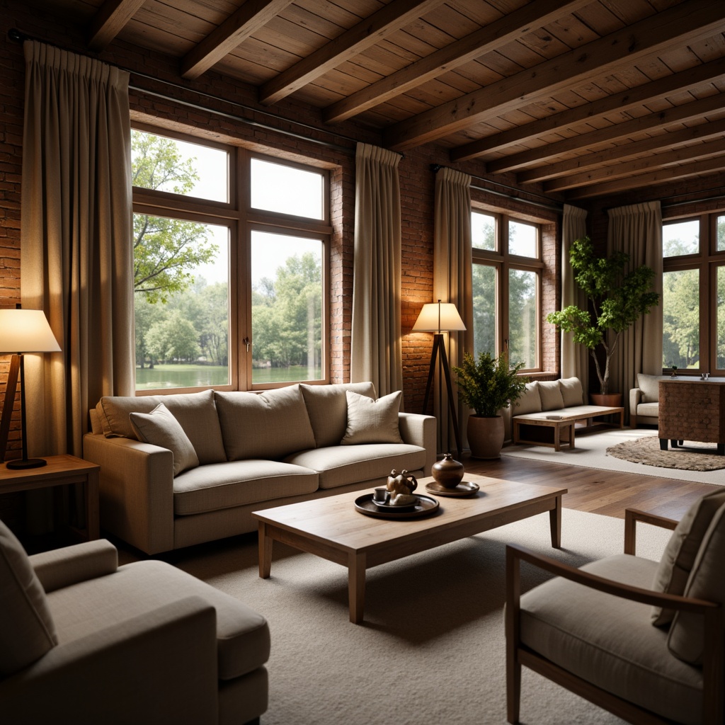 Prompt: Cozy living room, plush sofas, reclining chairs, wooden coffee tables, soft cushions, warm lamp lighting, rustic brick walls, large windows, natural textiles, earthy color palette, comfortable seating arrangements, functional storage units, minimalist decor, serene atmosphere, shallow depth of field, 1/1 composition, realistic textures, ambient occlusion.