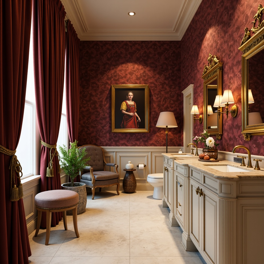 Prompt: Richly ornamented powder room, luxurious velvet drapes, ornate gold fixtures, soft warm lighting, muted earthy tones, beige marble countertops, creamy white cabinetry, subtle wood grain textures, elegant curved lines, sophisticated academic style, classic traditional furniture, tufted upholstery, subtle sheen finishes, ambient occlusion, shallow depth of field, 1/2 composition, realistic reflections.