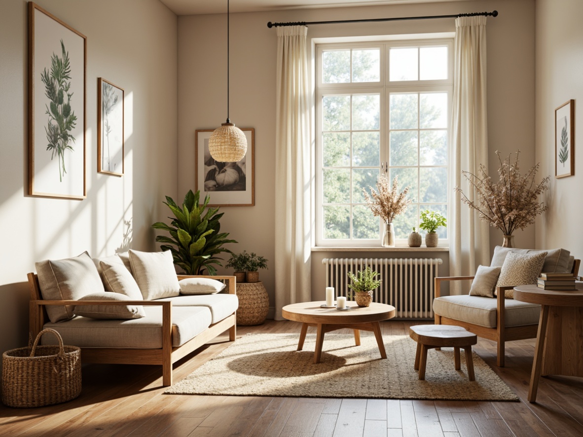 Prompt: Light-filled Scandinavian living room, natural wood accents, reclaimed wooden floors, minimalist decor, earthy tone color palette, woven textiles, jute rugs, linen upholstery, pinecone decorations, candles, pendant lamps, airy atmosphere, soft diffused lighting, shallow depth of field, 3/4 composition, warm beige walls, organic shapes, botanical prints, nature-inspired accessories, woven baskets, rattan furniture, distressed finishes, cozy reading nook.