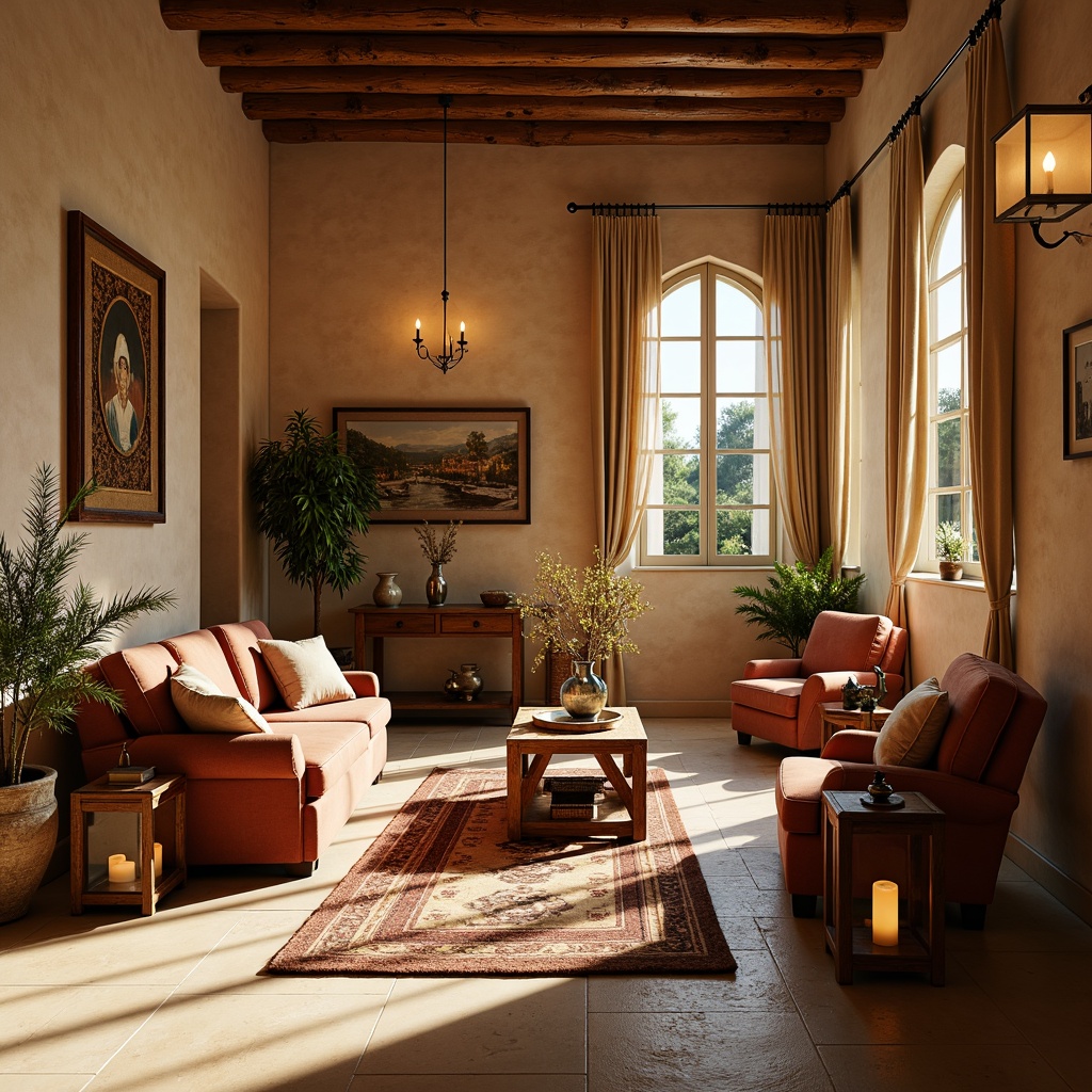 Prompt: Warm Mediterranean interior, soft warm lighting, candlelit ambiance, rustic lanterns, wrought iron chandeliers, earthy tone walls, creamy stone floors, distressed wood furniture, plush velvet upholstery, rich tapestries, ornate metalwork, sun-kissed windows, sheer curtains, natural linen fabrics, warm beige colors, ambient shadows, 3/4 composition, realistic textures, soft focus.