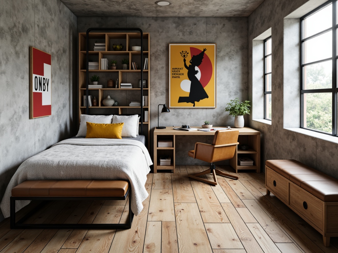 Prompt: Minimalist dorm room, industrial chic decor, functional furniture, tubular steel frames, leather upholstery, geometric patterns, primary color accents, bold typography, adjustable lamps, modular shelving units, compact storage solutions, raw concrete walls, polished wooden floors, natural light pouring in, soft diffused lighting, 1/1 composition, symmetrical layout, monochromatic color scheme, distressed textures, ambient occlusion.