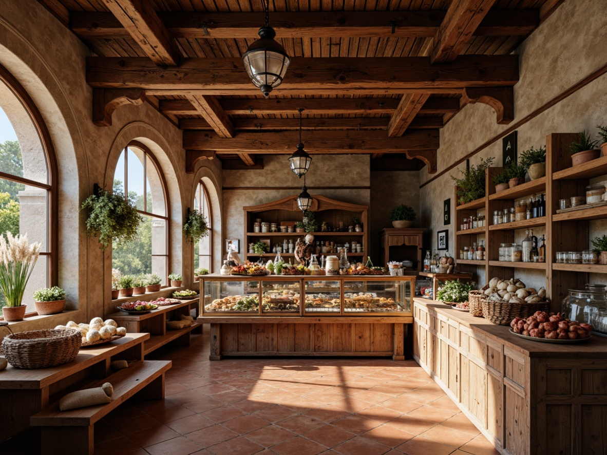 Prompt: Renaissance-style grocery store, ornate wooden accents, terracotta floor tiles, rustic stone walls, arched windows, distressed wood shelving, vintage metal lanterns, earthy color palette, warm ambient lighting, shallow depth of field, 1/1 composition, realistic textures, soft natural materials, classic architectural details.