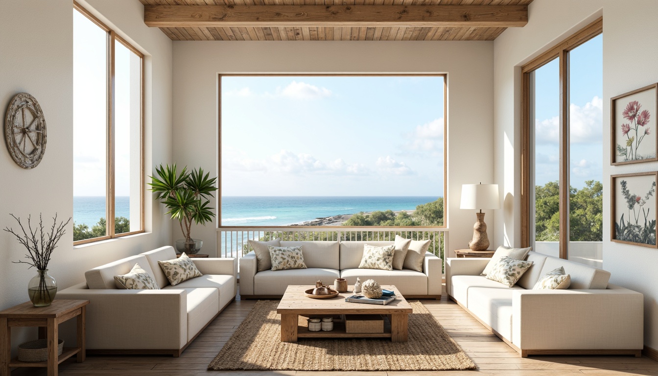 Prompt: Coastal living room, large windows, ocean views, soft natural light, creamy white walls, weathered wood accents, driftwood coffee table, plush linen sofas, sea-inspired artwork, woven jute rugs, coral-patterned throw pillows, airy open spaces, minimalist decor, calming atmosphere, warm sunny day, gentle ocean breeze, 1/1 composition, realistic textures, subtle depth of field.