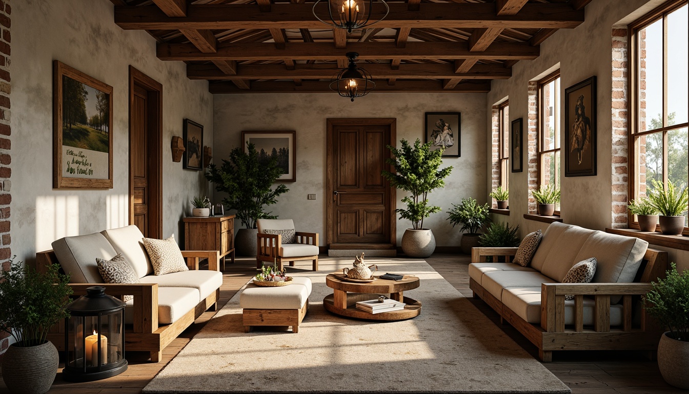 Prompt: Rustic farmhouse, vintage decor, wooden accents, exposed beams, brick walls, earthy tones, natural textiles, cozy nooks, distressed finishes, metal lanterns, reclaimed wood furniture, greenery, potted plants, country-inspired artwork, warm lighting, soft focus, shallow depth of field, 2/3 composition, intimate atmosphere, organic textures, ambient occlusion.