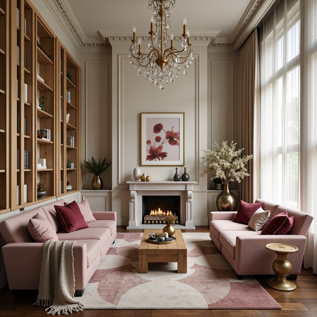 Prompt: Luxurious velvet pillows, golden metallic accents, ornate crystal chandeliers, rich wood furniture, plush area rugs, soft pastel hues, delicate lace curtains, antique bronze vases, elegant marble countertops, refined linen fabrics, sophisticated minimalist decor, warm candlelight, shallow depth of field, 1/2 composition, soft focus effect.