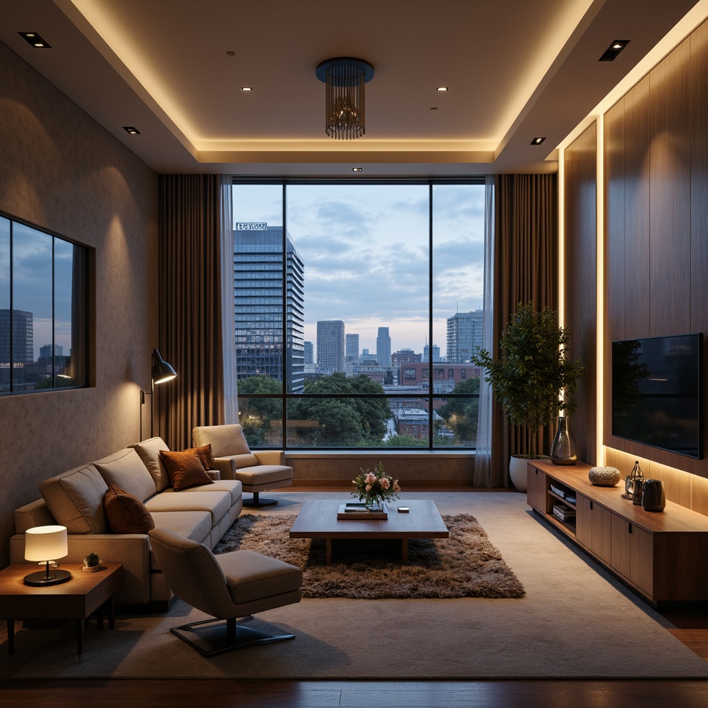 Prompt: Modern living room, sleek furniture, neutral color palette, floor-to-ceiling windows, natural daylight, soft warm ambiance, layered lighting, table lamps, floor lamps, LED strips, recessed lighting, minimalist chandelier, textured walls, wooden accents, plush carpeting, cozy seating area, urban cityscape view, evening atmosphere, gentle shadows, high contrast ratio, 1/2 composition, cinematic lighting, realistic rendering.