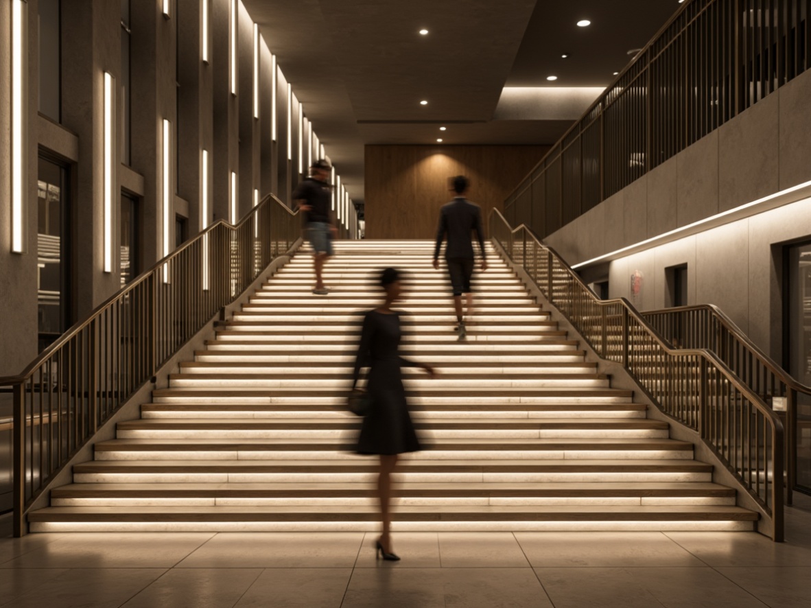 Prompt: Modern staircase, sleek metal railings, minimalist design, low-profile LED strip lights, warm white ambiance, subtle shadowing, recessed lighting fixtures, polished chrome accents, marble or wood steps, open risers, floating treads, cantilevered landings, dramatic vertical lighting, soft glowing handrails, ambient indirect illumination, 1/1 composition, realistic reflections, shallow depth of field.