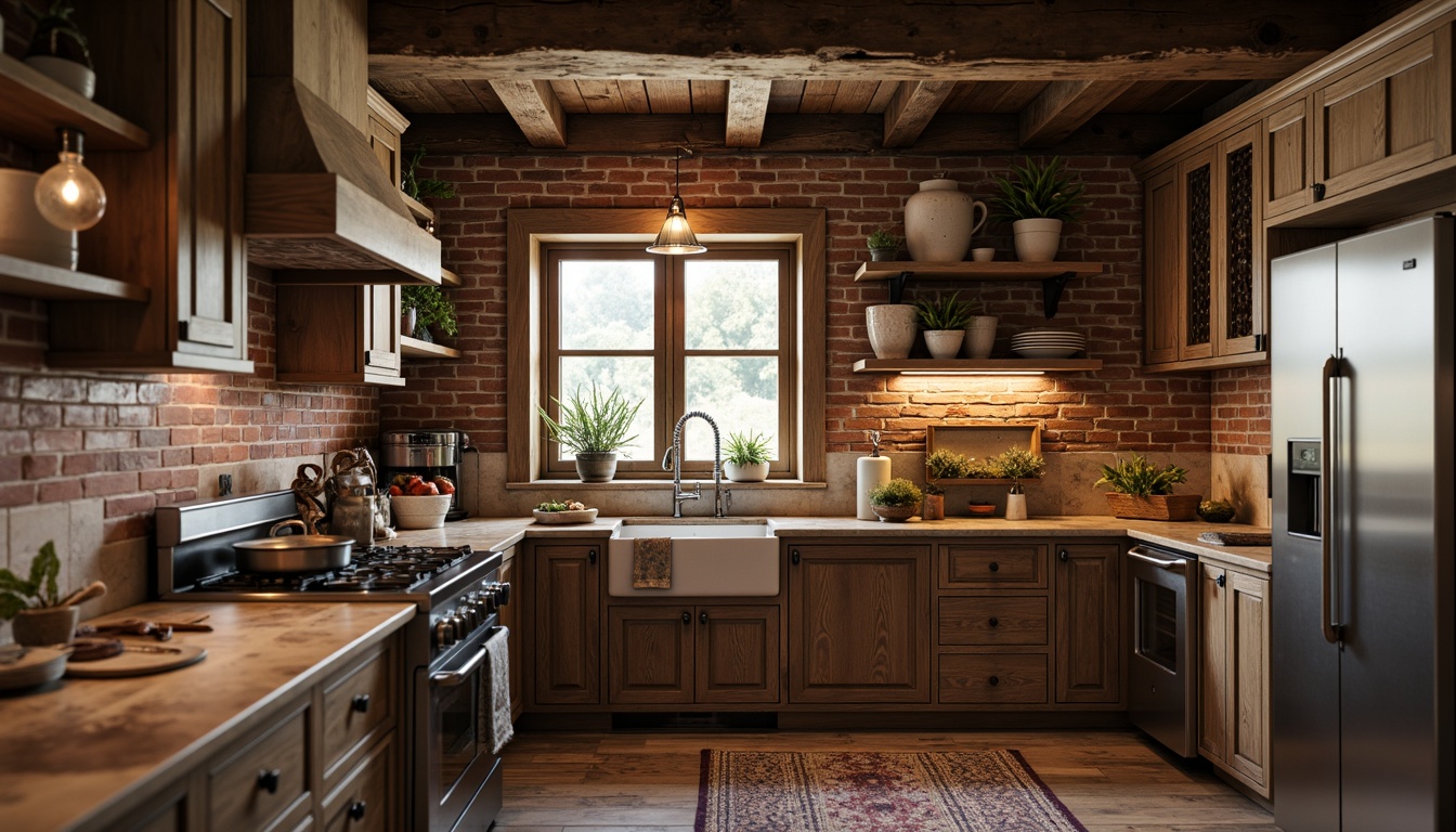 Prompt: Rustic kitchen, natural stone countertops, earthy tones, wooden cabinetry, vintage appliances, farmhouse sink, brick backsplash, distressed wood flooring, warm ambient lighting, shallow depth of field, 1/1 composition, realistic textures, subtle color palette, cozy atmosphere, traditional design elements, ornate metal fixtures, woven textiles, natural materials, organic feel.