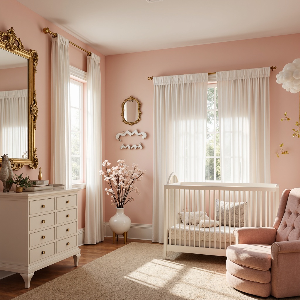 Prompt: Pastel-hued nursery, soft peach walls, creamy white furniture, gentle gold accents, ornate mirrors, geometric patterns, luxurious velvet fabrics, delicate florals, subtle metallic sheens, warm beige carpets, elegant curved lines, whimsical cloud-shaped decorations, dreamy starry night sky, softbox lighting, shallow depth of field, 1/2 composition, intimate close-up views, realistic textures, ambient occlusion.