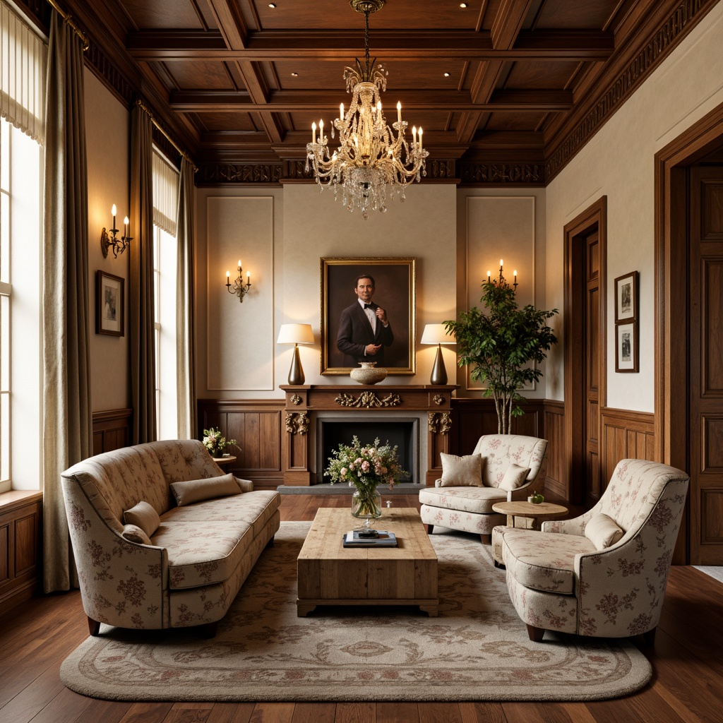 Prompt: Rich wooden tones, warm beige walls, soft cream accents, elegant gold fixtures, luxurious velvet fabrics, ornate crystal chandeliers, classic floral patterns, subtle texture contrasts, refined antique furniture, sophisticated earthy hues, warm candlelight ambiance, 3/4 composition, realistic wood grain textures, ambient occlusion.