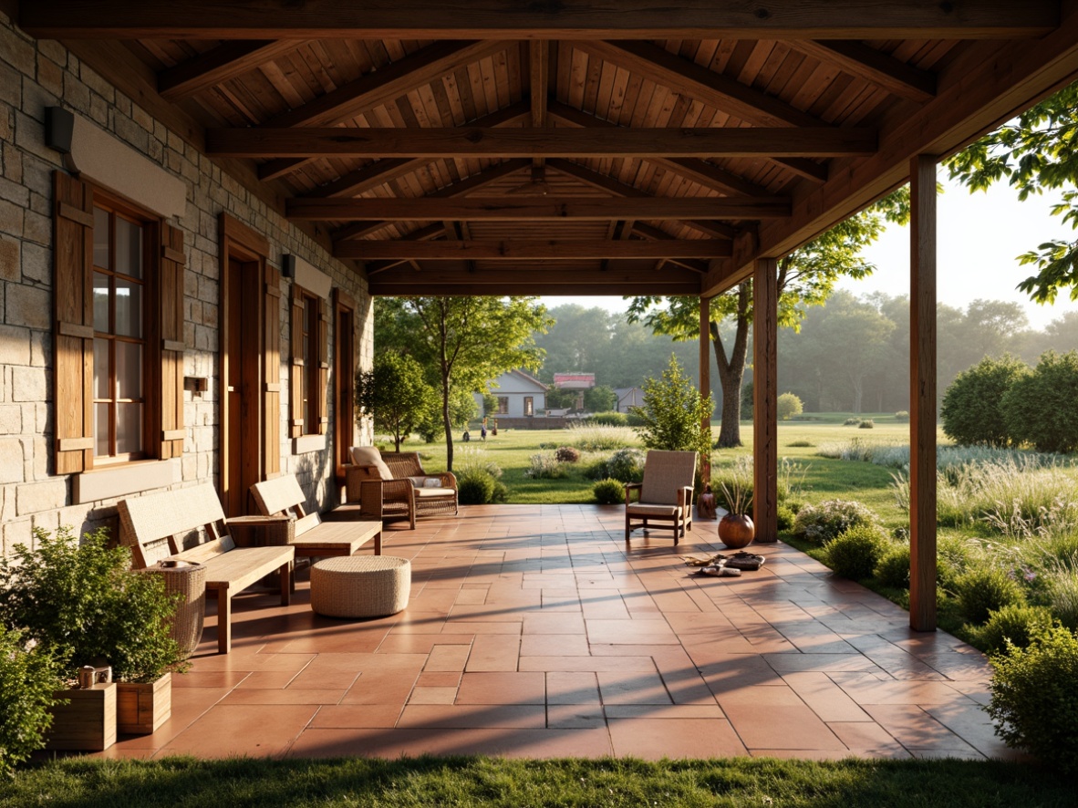 Prompt: Rustic farmhouse pavilion, reclaimed wood accents, natural stone walls, earthy terracotta flooring, vintage metal roofing, lush greenery surroundings, wildflower meadow, wooden farm tools, distressed wood benches, woven wicker furniture, soft warm lighting, shallow depth of field, 3/4 composition, panoramic view, realistic textures, ambient occlusion.