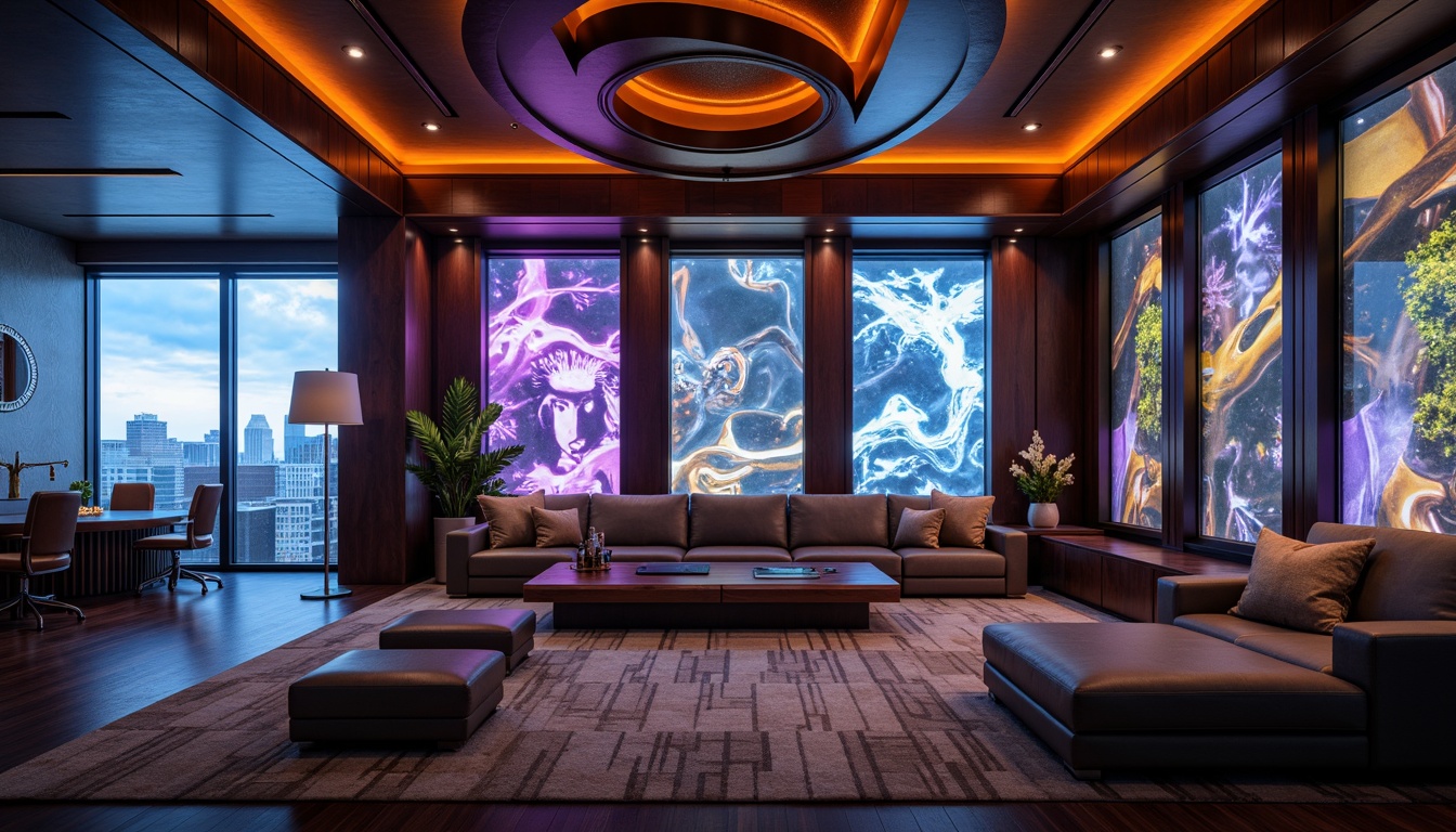 Prompt: Luxurious game room, rich wooden accents, metallic trim, sleek lines, curved surfaces, soft ambient lighting, comfortable plush sofas, vibrant color schemes, geometric patterns, modern minimalist decor, futuristic gaming consoles, high-tech gadgets, immersive virtual reality experiences, neon-lit cityscape views, dynamic sound systems, real-time lighting effects, 3D rendered environments, atmospheric misting, shallow depth of field, cinematic camera angles, realistic textures.