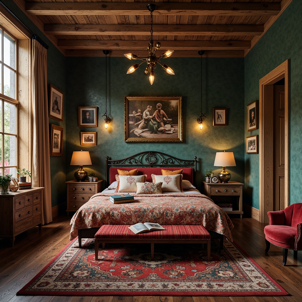 Prompt: Whimsical eclectic bedroom, vintage furniture pieces, distressed wood textures, ornate metal frames, plush velvet fabrics, rich jewel-toned colors, unique artisanal lighting fixtures, antique bronze sconces, crystal chandeliers, Moroccan-inspired lanterns, industrial-style metal shades, Edison bulb pendants, soft warm glow, layered lighting effects, dramatic shadows, cozy reading nooks, luxurious floor rugs.