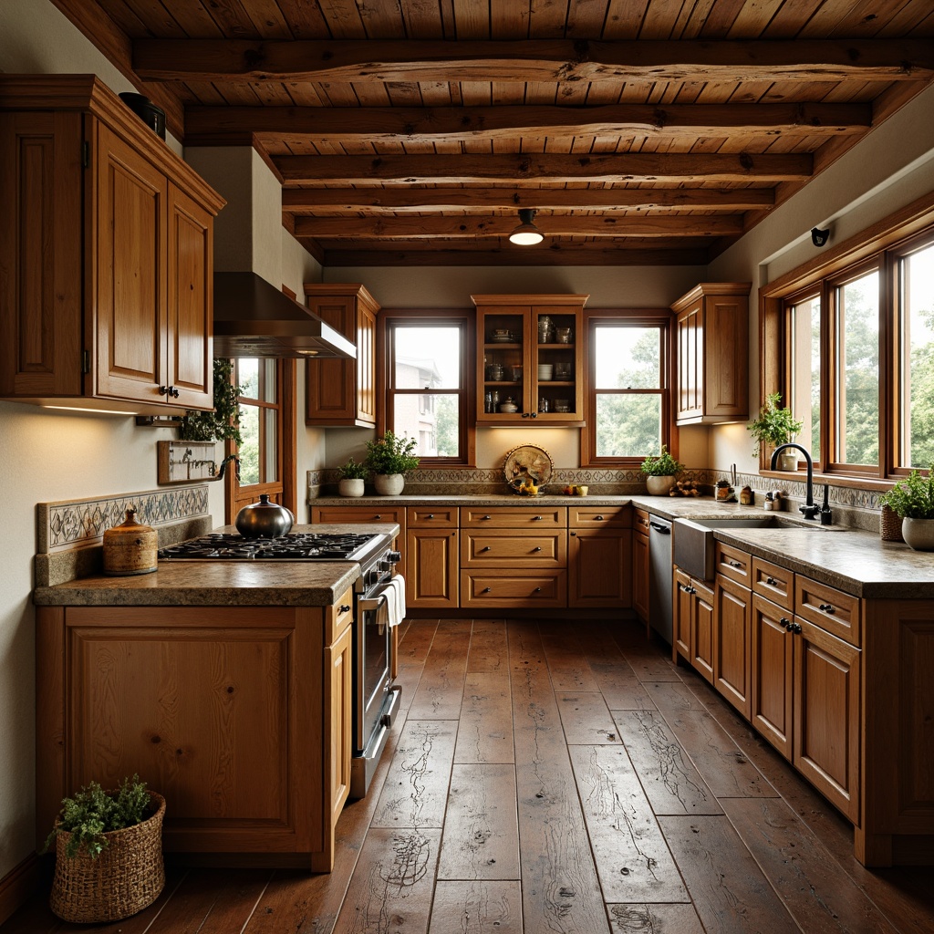 Prompt: Rustic kitchen, warm wooden cabinetry, earthy tones, natural stone countertops, vintage appliances, farmhouse sink, reclaimed wood flooring, exposed beam ceiling, cozy breakfast nook, soft morning light, shallow depth of field, 1/2 composition, realistic textures, ambient occlusion, warm color palette, inviting atmosphere, traditional country style, ornate metal hardware, decorative ceramic tiles.