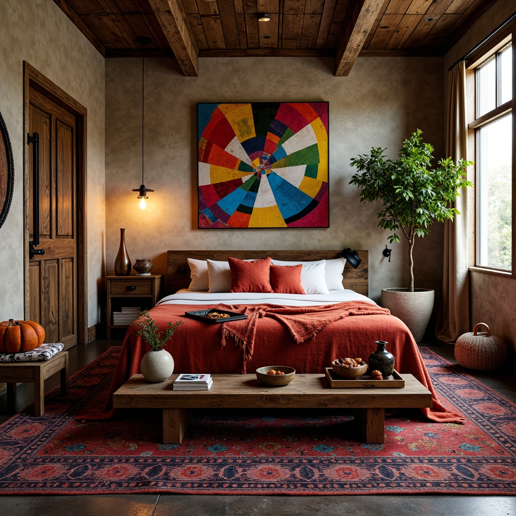 Prompt: Vibrant eclectic bedroom, rich velvet fabrics, bold patterned rugs, distressed wood furniture, antique metal frames, ornate mirrors, plush throw pillows, statement lighting fixtures, colorful abstract artwork, textured walls, bohemian-inspired decor, lush greenery, natural stone vases, Moroccan-style tiles, soft warm glow, dramatic shadows, 1/2 composition, intimate atmosphere, realistic textures, subtle ambient occlusion.