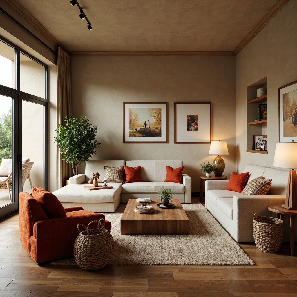 Prompt: Cozy living room, plush sofas, soft velvet cushions, wooden coffee tables, elegant lamps, comfortable sectionals, vibrant accent chairs, woven baskets, natural wood flooring, warm beige walls, large windows, soft diffused lighting, 3/4 composition, relaxed atmosphere, inviting textures, ambient occlusion.