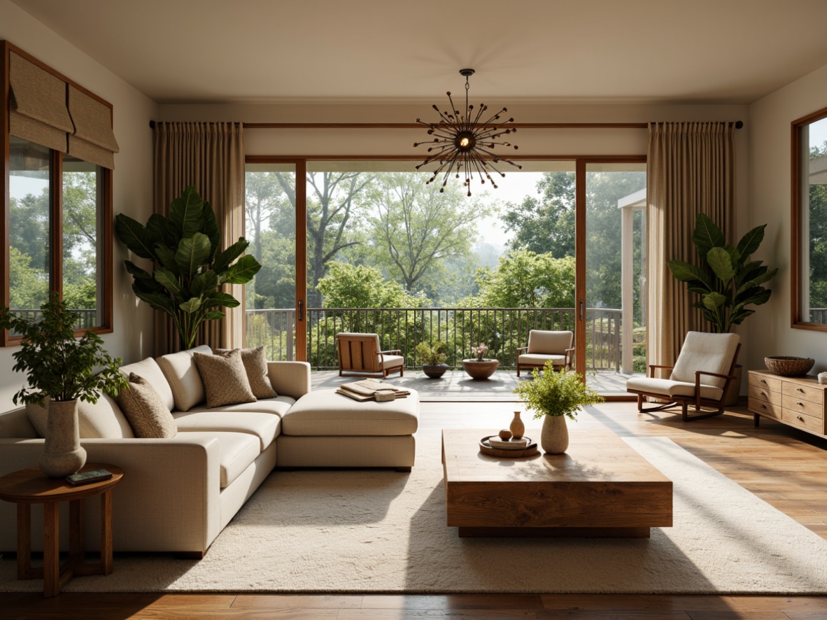 Prompt: Cozy living room, natural wood flooring, soft plush carpet, calming beige walls, floor-to-ceiling windows, sliding glass doors, lush greenery, vibrant flowers, comfortable sectional sofa, accent chairs, rustic wooden coffee table, modern minimalist chandelier, warm ambient lighting, 1/1 composition, shallow depth of field, realistic textures, serene atmosphere, peaceful ambiance.