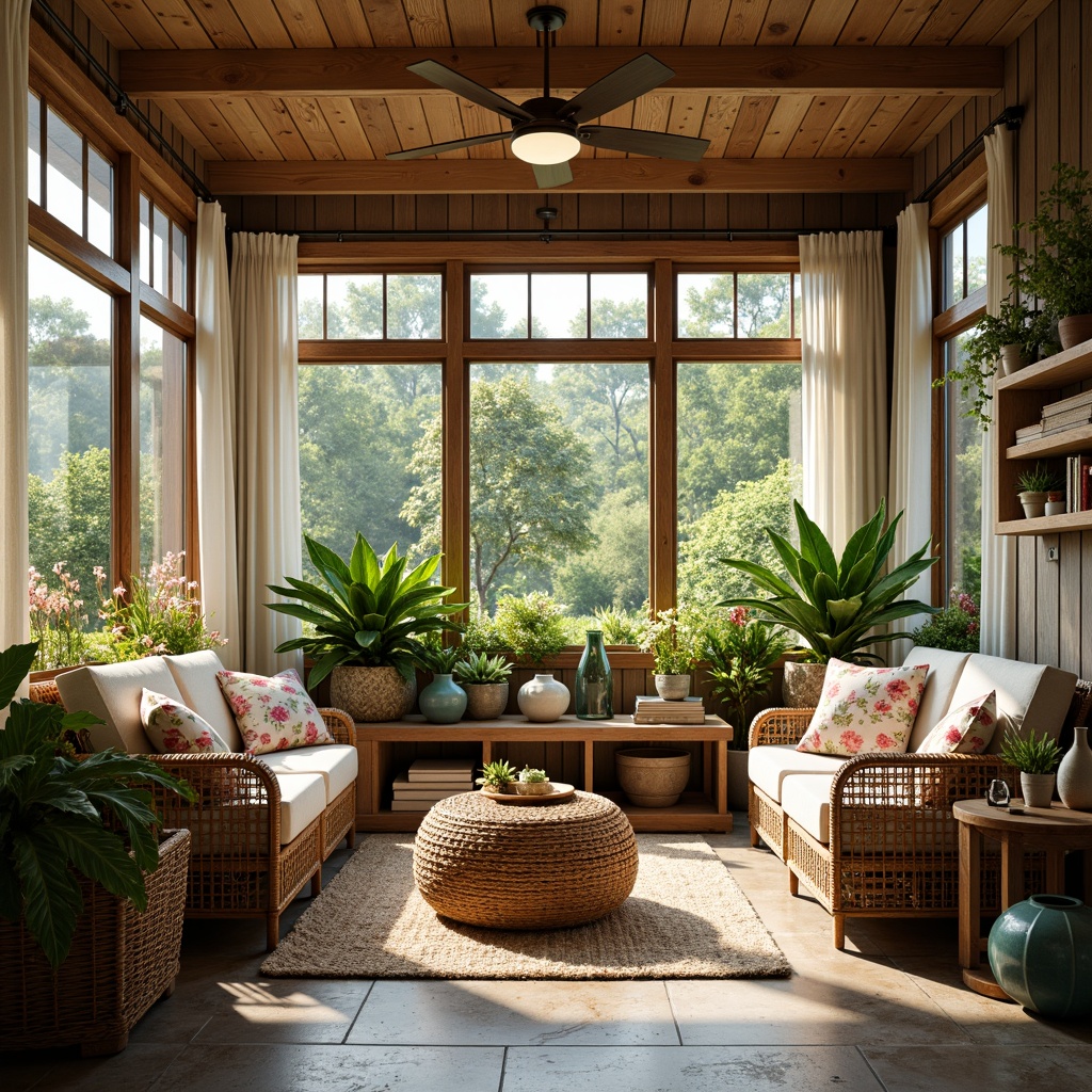 Prompt: Cozy sunroom, lush greenery, natural stone flooring, wooden accents, vintage wicker furniture, plush throw pillows, soft warm lighting, sheer curtains, rattan ceiling fans, tropical plants, colorful ceramic vases, woven baskets, distressed wood shelves, nautical-themed decor, sunny day, shallow depth of field, 3/4 composition, panoramic view, realistic textures, ambient occlusion.