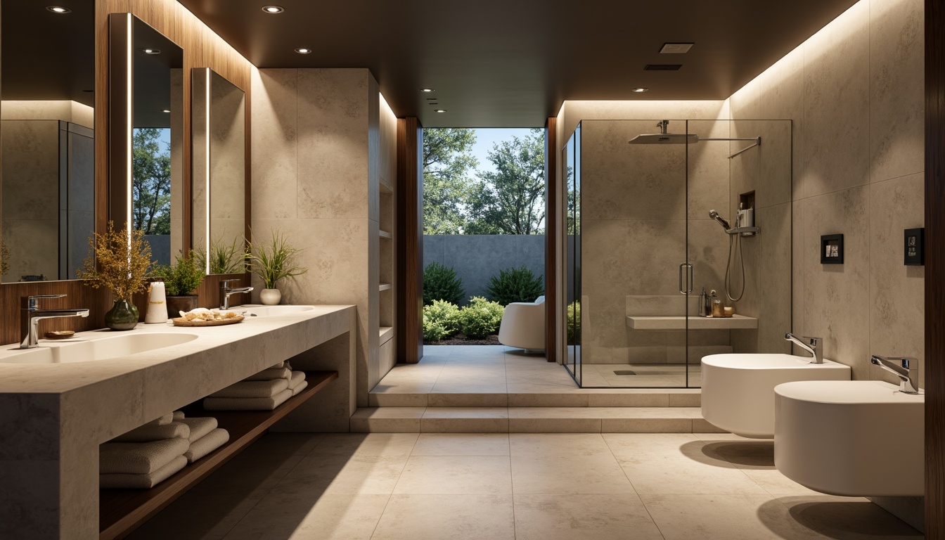 Prompt: Modern bathroom, sleek fixtures, polished chrome faucets, minimalistic sink basins, wall-mounted toilets, spa-inspired ambiance, natural stone flooring, glass shower enclosures, rainfall showerheads, heated floors, ambient lighting, soft warm glow, 3/4 composition, realistic textures, shallow depth of field.