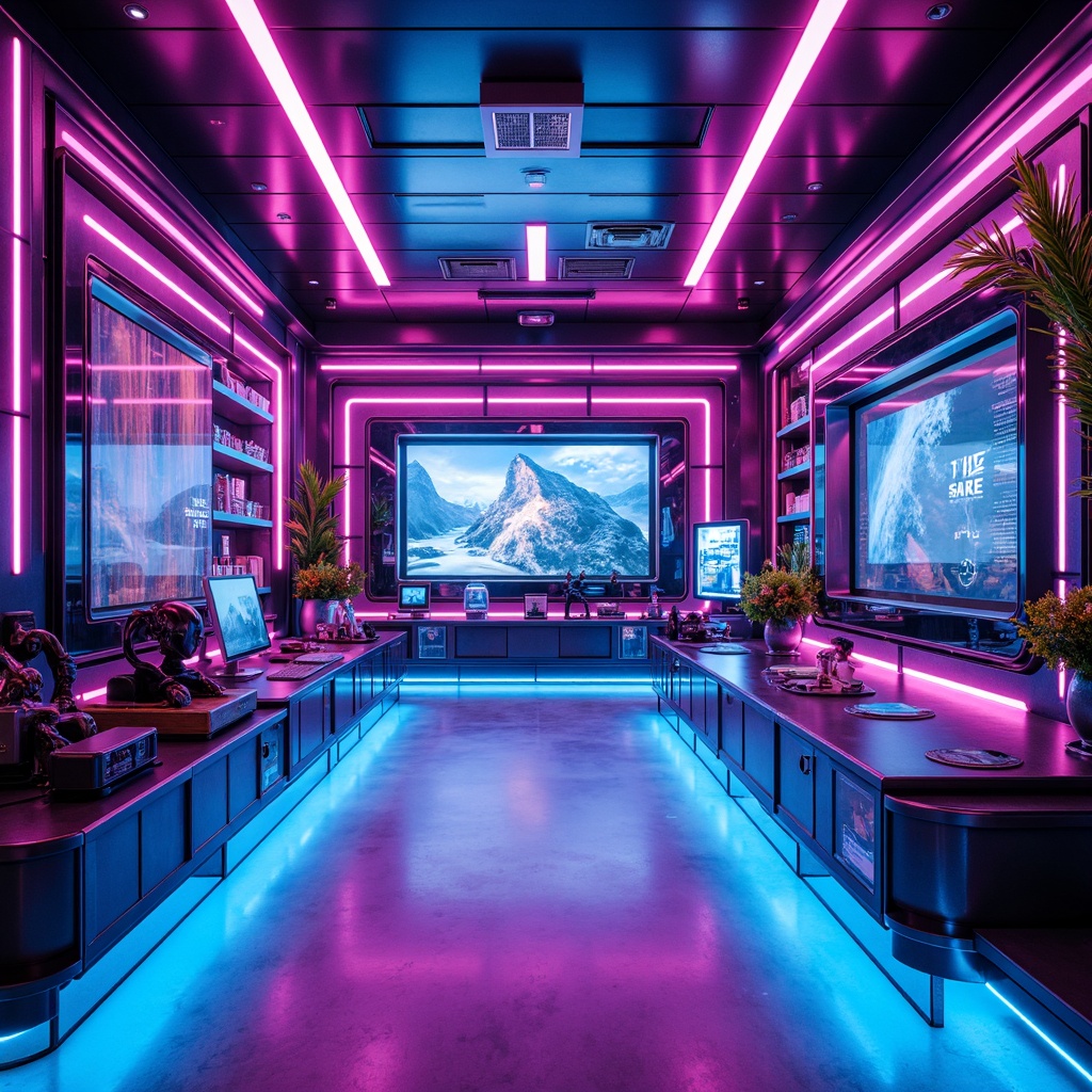 Prompt: Neon-lit futuristic interior, metallic accents, iridescent hues, holographic patterns, sleek lines, minimalist decor, glowing blue undertones, neon pink highlights, electric purple shades, chrome finishes, glossy surfaces, LED lighting strips, ambient glow, cyberpunk-inspired textures, virtual reality headsets, futuristic gadgets, high-tech appliances, robotic decorations, space-age furniture, geometric shapes, 3D-printed designs, low-poly aesthetic, cinematic color grading, shallow depth of field, wide-angle lens, vibrant color contrast.