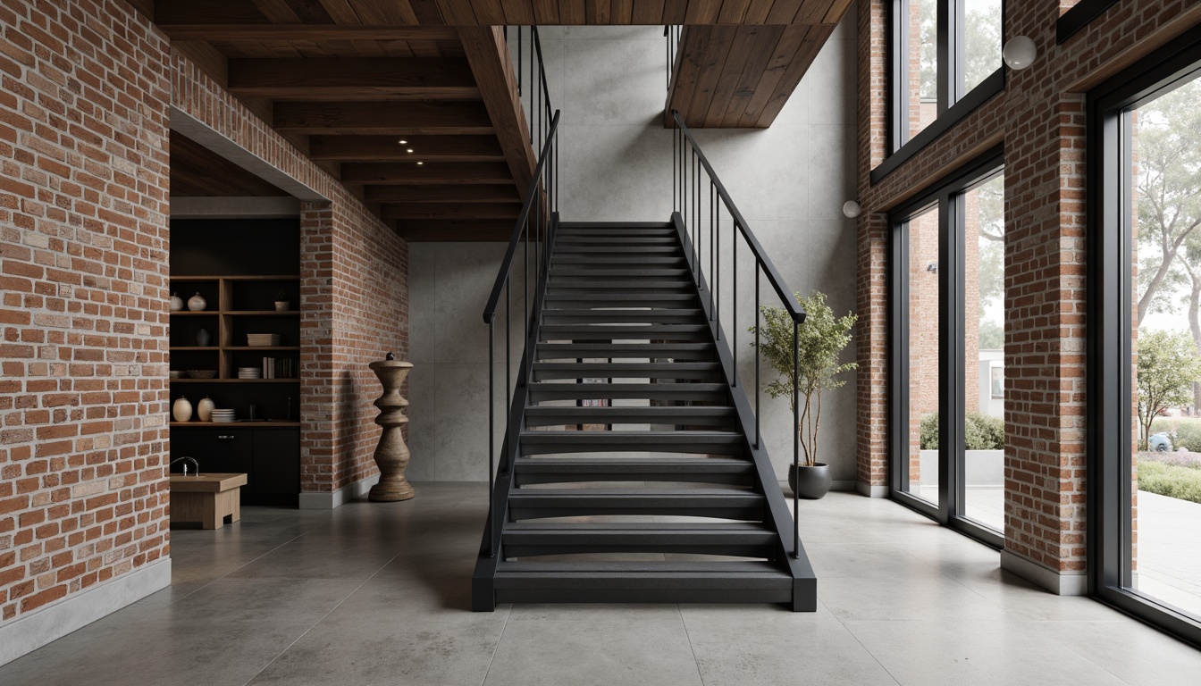 Prompt: Modern staircase, sleek metal railings, glass balustrades, minimalist design, industrial chic aesthetic, exposed brick walls, polished concrete floors, distressed wood accents, neutral color palette, matte finish, subtle texture contrasts, ambient lighting, soft shadows, 3/4 composition, shallow depth of field, realistic reflections.