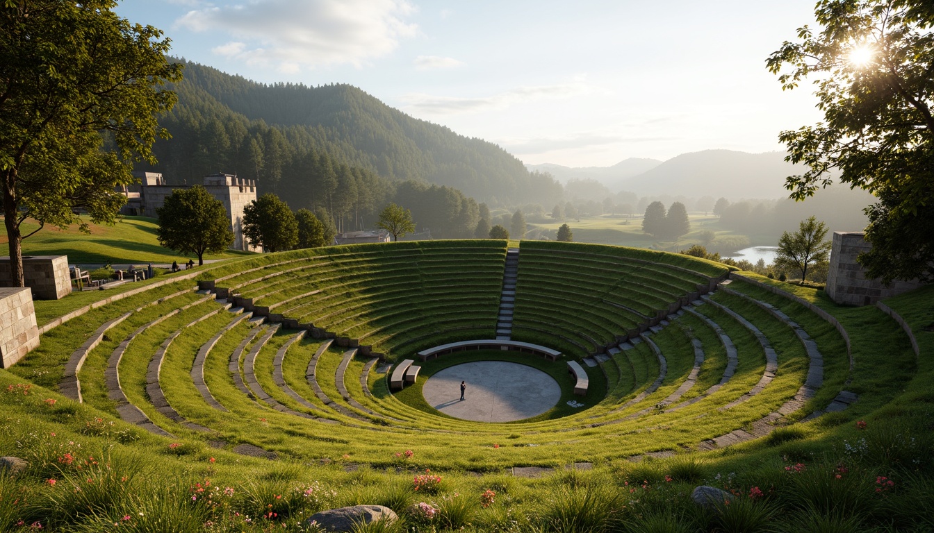 Prompt: Natural amphitheater setting, lush green hills, tiered seating areas, warm sunny day, soft diffused lighting, gentle shadows, subtle gradient effects, atmospheric mist, natural stone walls, rustic wooden benches, vibrant wildflowers, gradual slope transitions, curved lines, organic shapes, ambient occlusion, realistic textures, 3/4 composition, panoramic view, dramatic spotlighting, color temperature control, adjustable lumens output.