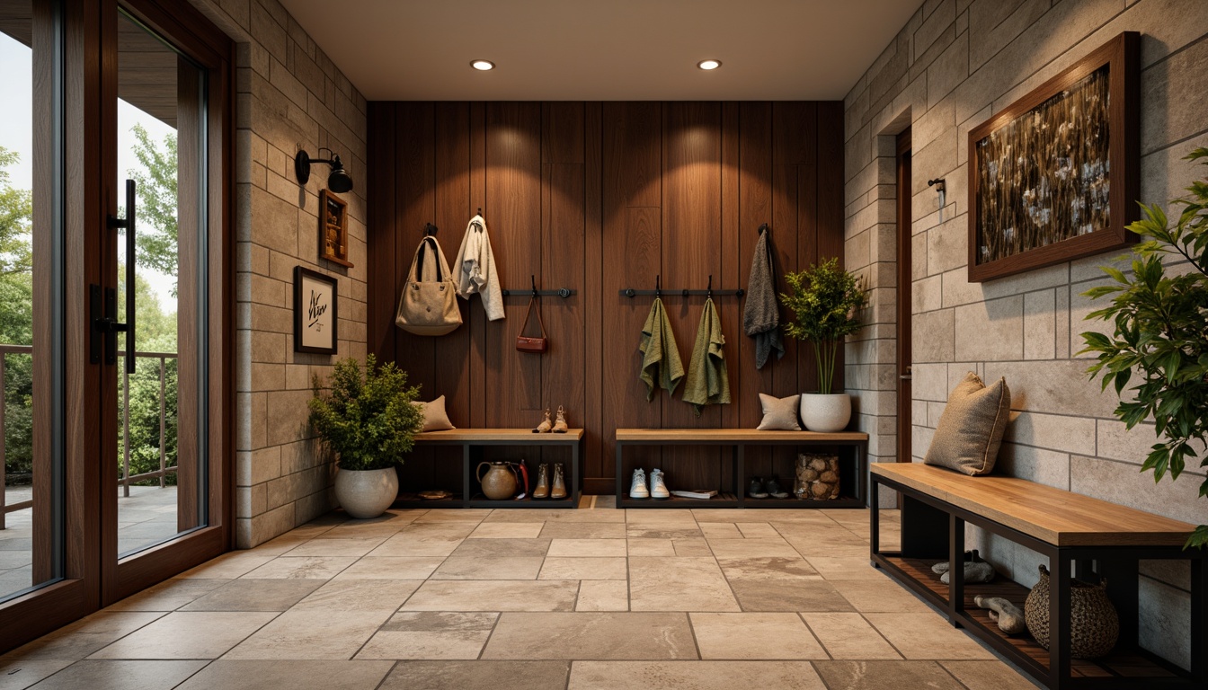 Prompt: Cozy mudroom, natural stone flooring, earthy tones, rustic wood accents, industrial metal decor, functional storage benches, waterproof materials, slip-resistant surfaces, warm ambient lighting, shallow depth of field, 1/1 composition, realistic textures, ambient occlusion.