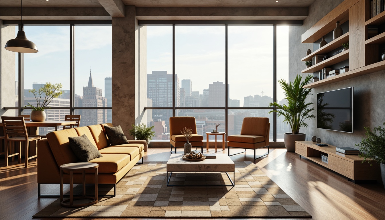 Prompt: Modern living room, sleek low-profile sofa, velvet upholstery, chrome legs, minimalist coffee table, reclaimed wood shelves, industrial metal lighting fixtures, abstract geometric-patterned rug, floor-to-ceiling windows, cityscape views, soft warm ambiance, shallow depth of field, 1/1 composition, natural textures, ambient occlusion, mid-century modern armchairs, marble side tables, greenery accents, neutral color palette, Scandinavian-inspired decor.