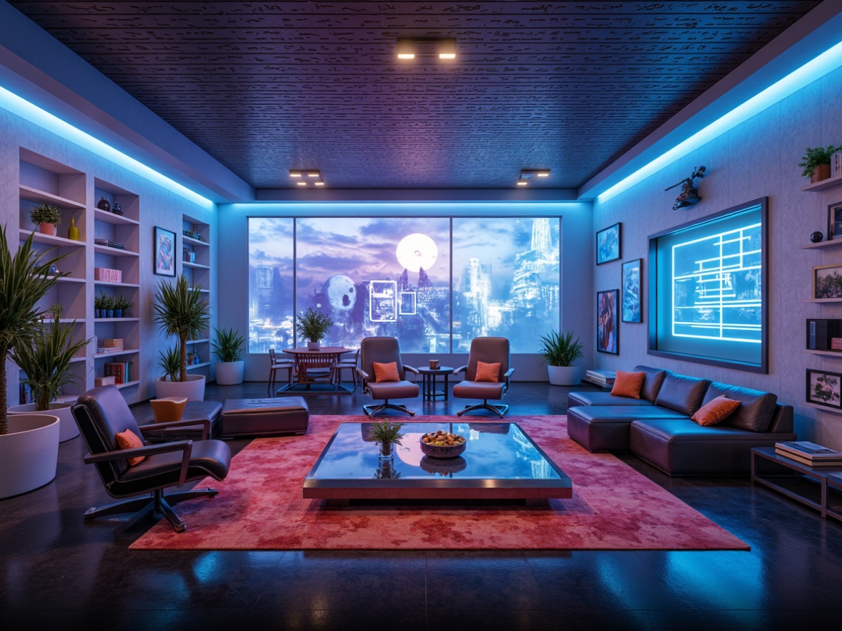 Prompt: Futuristic living room, sleek metallic furniture, glossy surfaces, neon-lit ambiance, curved lines, minimalist decor, low-gravity chairs, holographic displays, virtual reality stations, ambient LED lighting, transparent glass tables, carbon fiber shelving, robotic assistants, futuristic textiles, iridescent colors, 3D-printed decor, augmented reality interfaces, cyberpunk-inspired accessories, retro-futuristic patterns, atmospheric fog effects, cinematic camera angles, shallow depth of field.