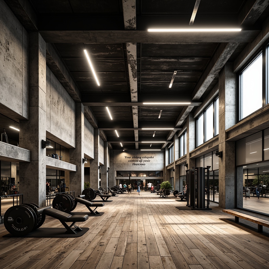 Prompt: Industrial-chic gym interior, distressed concrete walls, metallic accents, reclaimed wood flooring, rugged stone columns, textured steel beams, brutalist architecture, minimalist decor, functional training zones, state-of-the-art equipment, dynamic lighting systems, motivational quotes, urban atmosphere, high-contrast color scheme, dramatic shadows, 1/2 composition, realistic reflections, ambient occlusion.